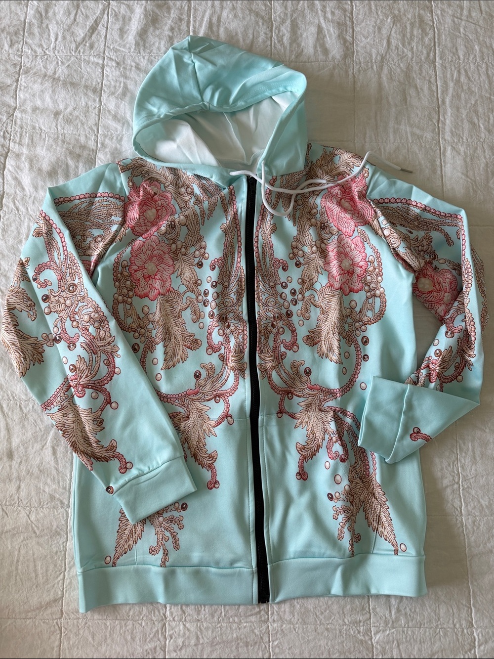 Mint Blue Floral Zip Hoodie